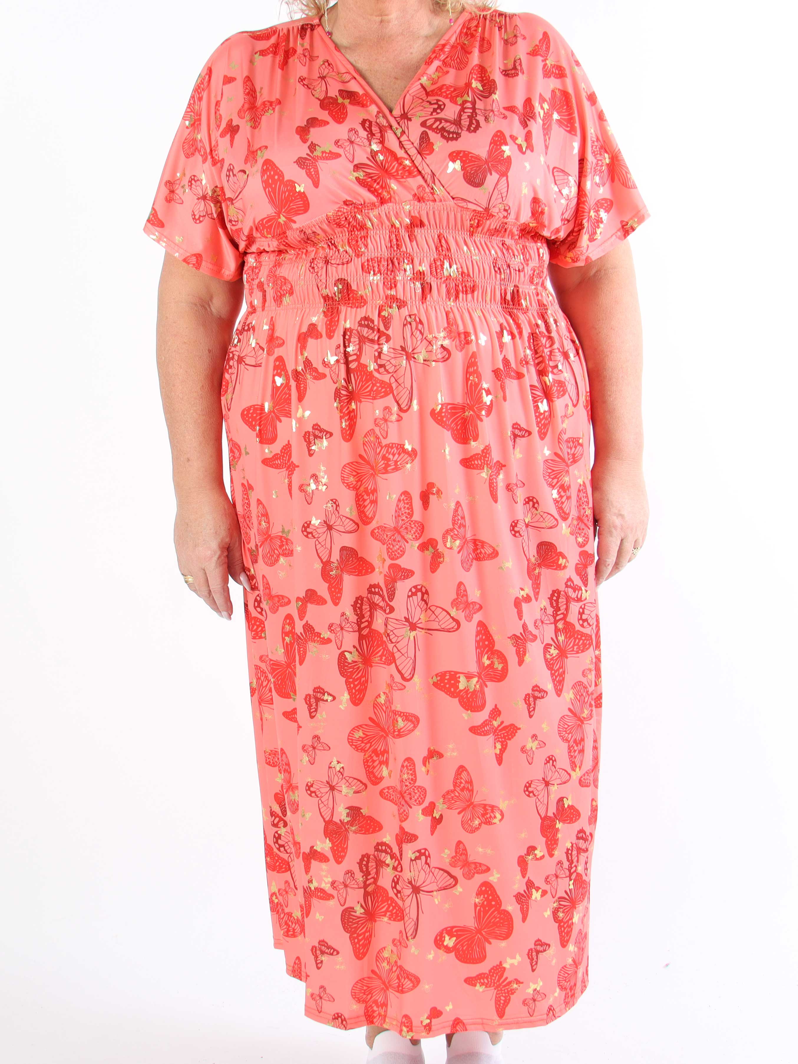 Pams Butterfly - Lang elastisk plus size kjole med smock i livet